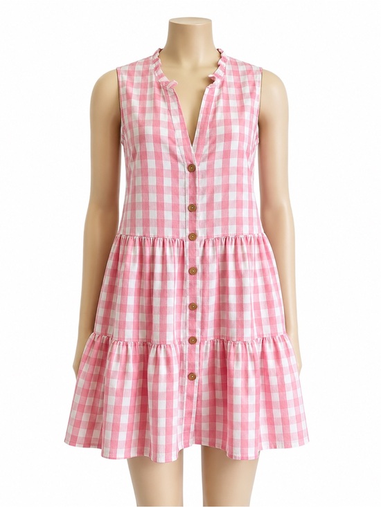 entro Dresses & Skirts - ENTRO Gingham Dress S Pink White Tiered Ruffle Dress with Pockets 100% Cotton
